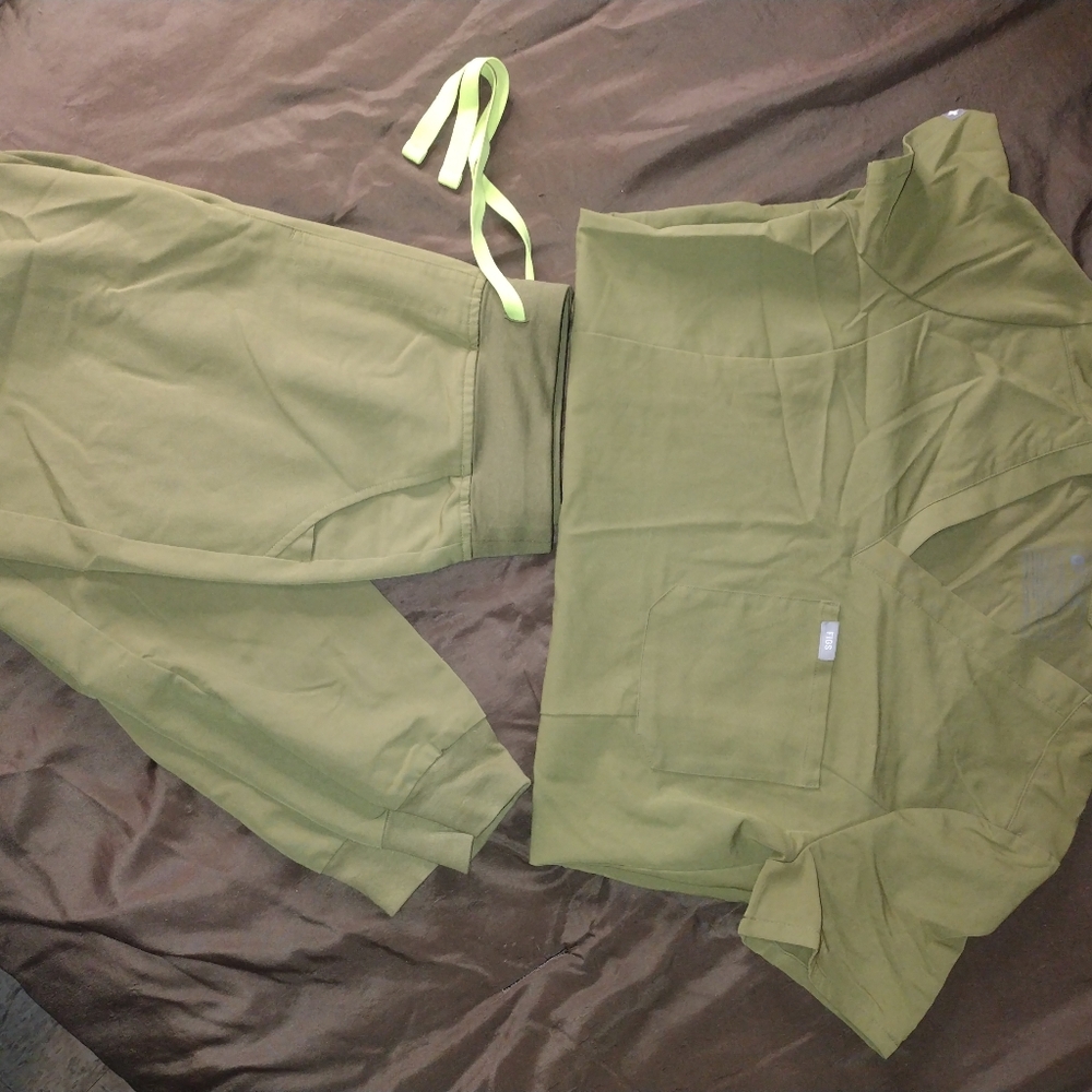 Figs Olive Green Scrub Pants with Neon Drawstring